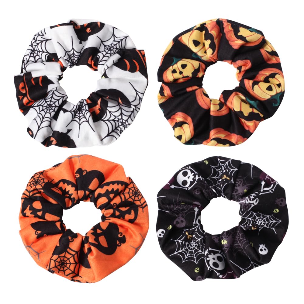 Lonext 4Pcs Halloween Hair Ties - Pumpkin, Ghost, Skeleton, Spider Web Accessories For Girls