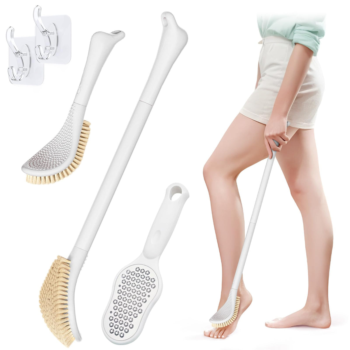 Geenoa 3-In-1 Adjustable Foot Scrubber With Long Handle & Callus Remover - Gift Boxed, White