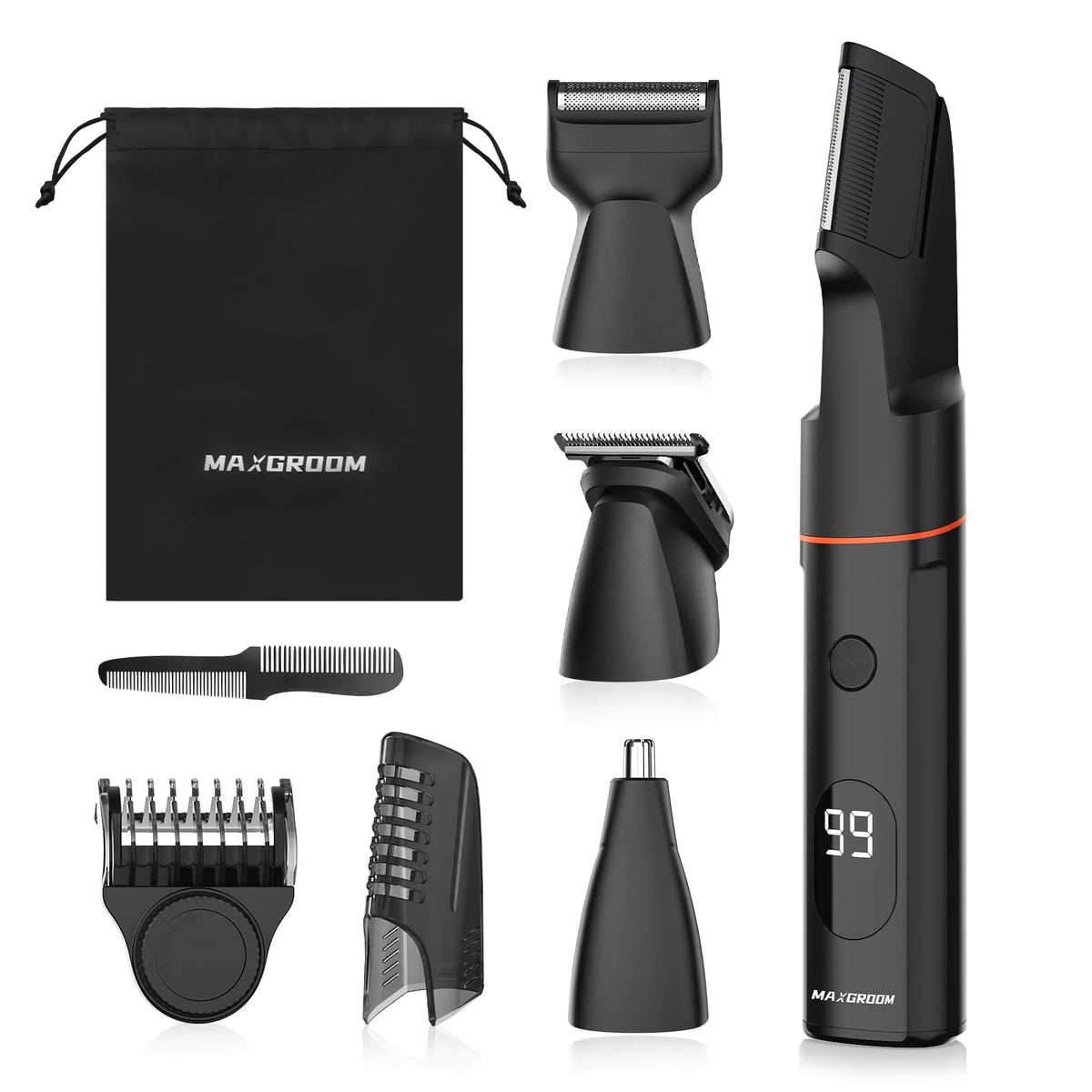 Maxgroom Waterproof Body Hair Trimmer For Men, Led Display, Usb Rechargeable, Adjustable Comb