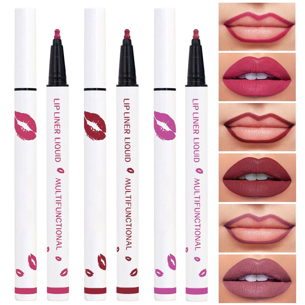 Kaely 3Pcs Lip Stain Marker Set - Long Lasting Waterproof Lipstick & Liner - Pink Cherry Red