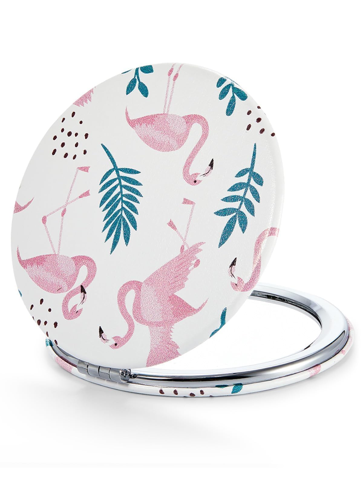 Omiro Compact Magnifying Mirror 1X/10X, Pink Flamingos Pu Leather, 3&quot; Round, Unique Design