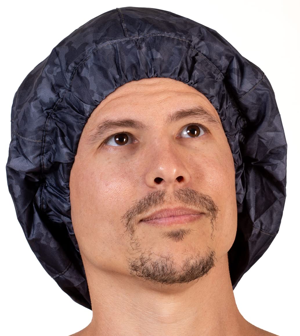 Hairsome Large Waterproof Shower Cap For Men - Black Camouflage, Terry Cloth Lined, Dreadlocks & Curls