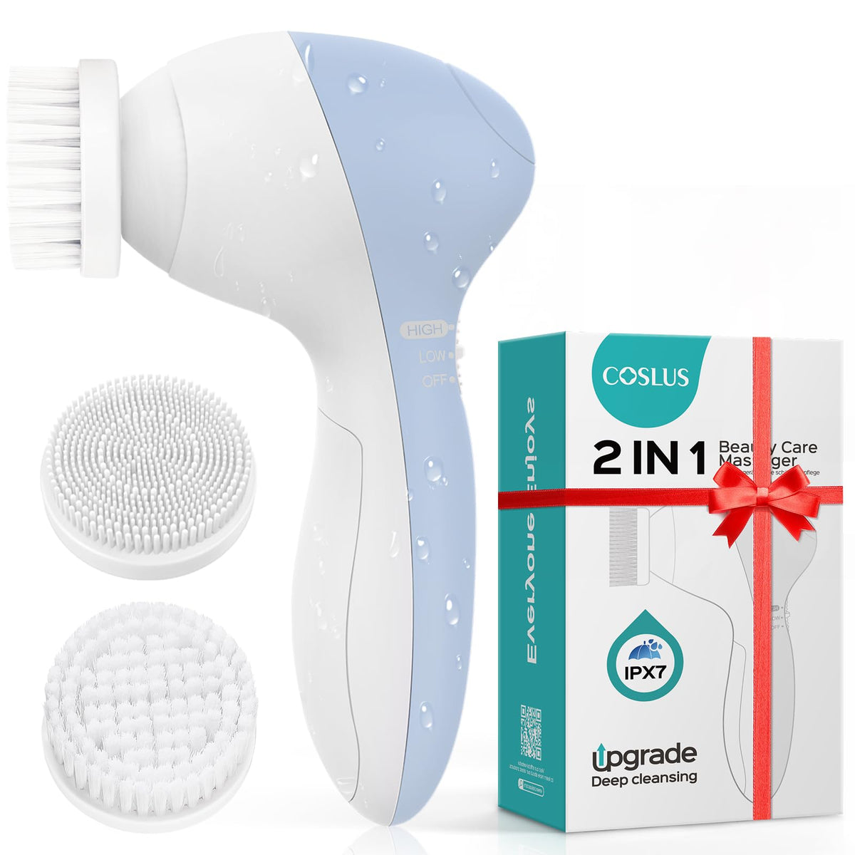 Coslus 2-In-1 Facial Cleansing Brush - Silicone Exfoliating Massager, Waterproof Spa Device