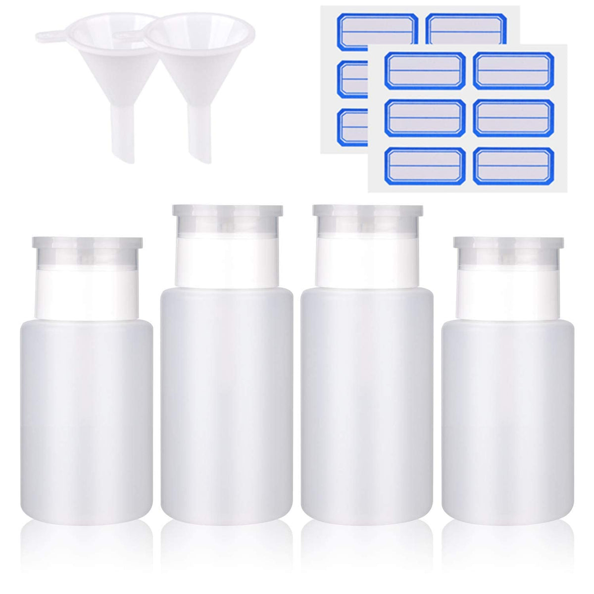 Infilila Acetone Pump Dispenser Set, 4 Pack With Funnels & Labels - Plastic Bottles 180Ml & 160