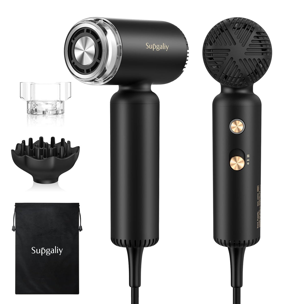 Supgaliy Dual Voltage Hair Dryer - Fast Drying Mini Ionic Blow Dryer With Curly Diffuser, Black