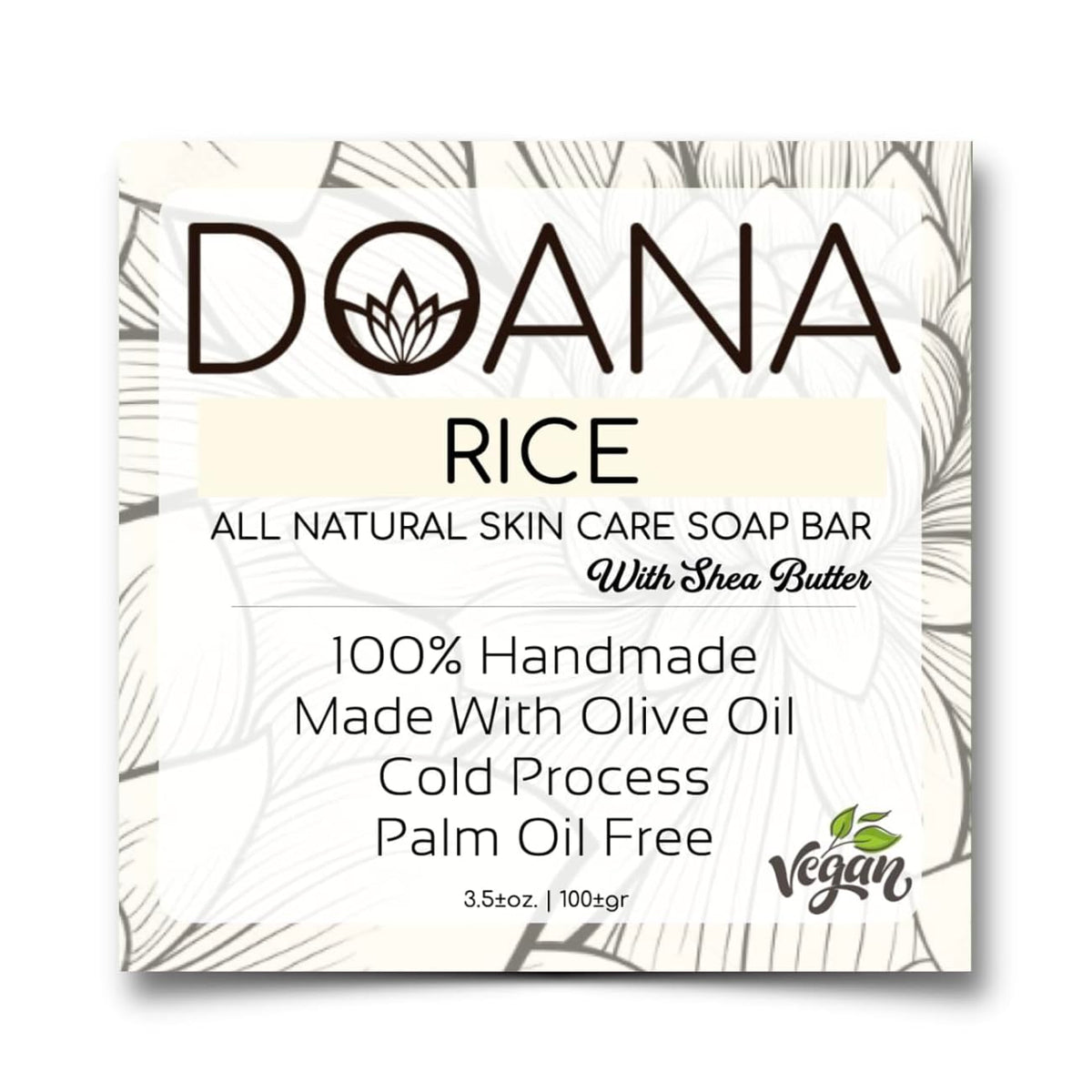 Doana Rice Soap Bar With Shea Butter, Vegan, Moisturizing, 3.5 Oz - Brightening Bath Wash