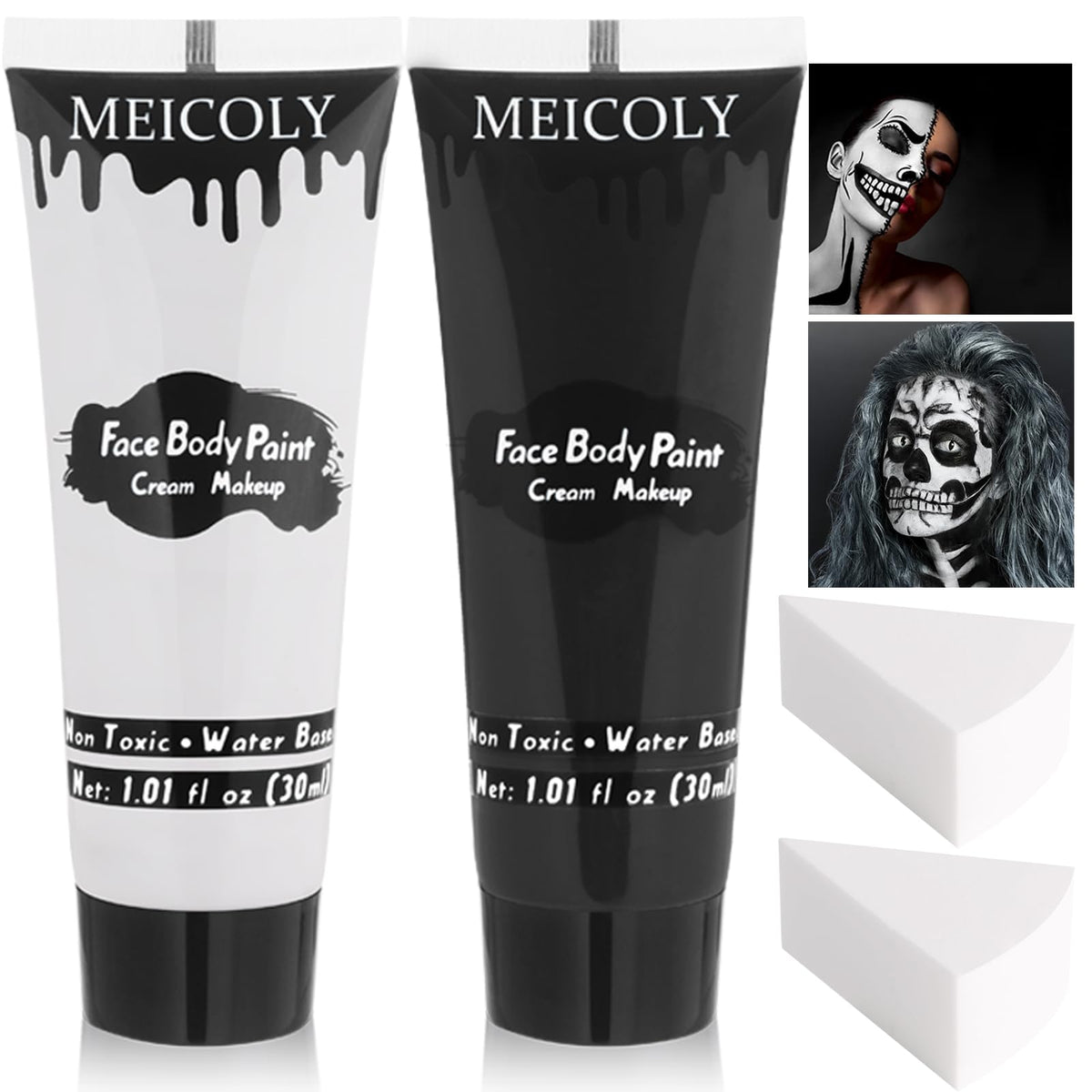 Meicoly Black White Face Body Paint Set With Sponges For Clown, Halloween, Cosplay Makeup