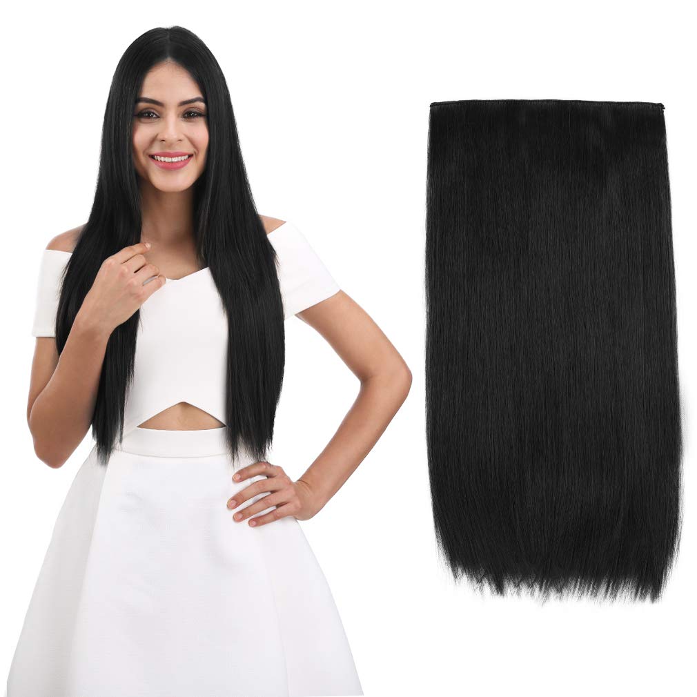 REECHO 20&quot; Straight Synthetic Hair Extensions - Natural Black, 5 Clips per Piece for Women