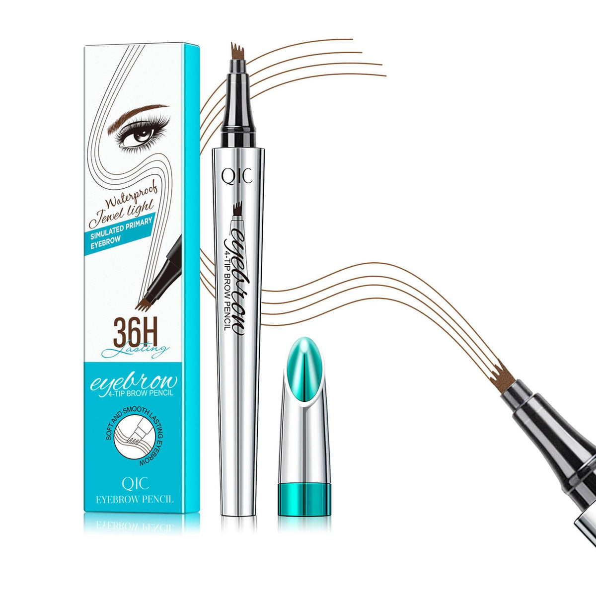 Qic Microblading Eyebrow Pen - Waterproof Long-Lasting 4 Tip Brow Pencil, Light Brown