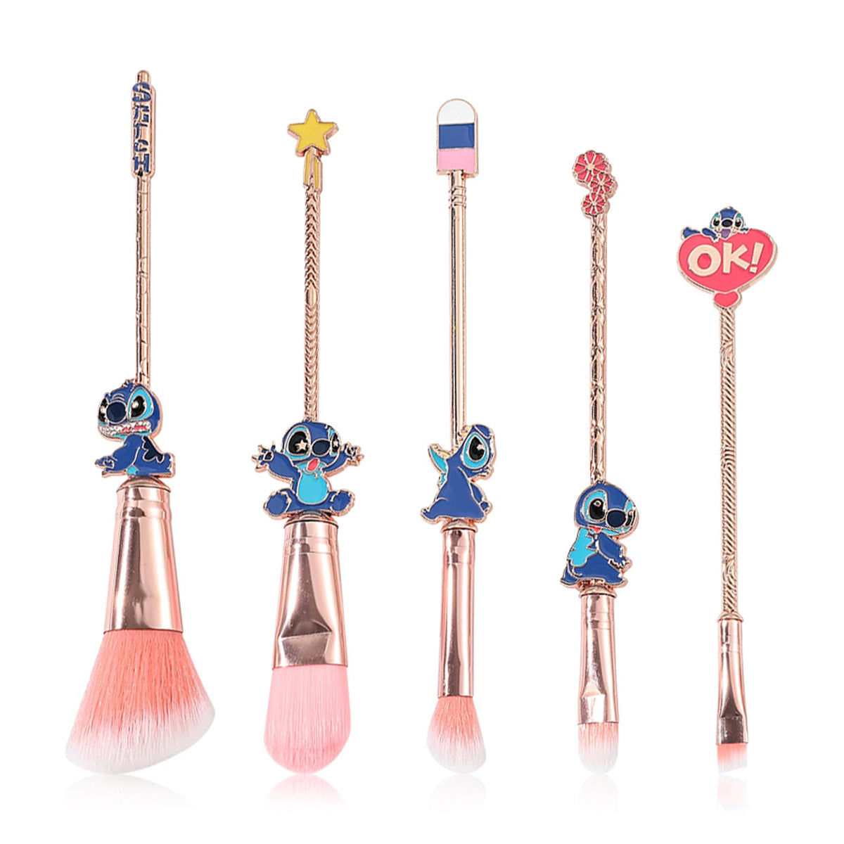 WeChip 5Pcs Stitch Theme Pink Cosmetic Makeup Brushes Set for Young Girls and Women