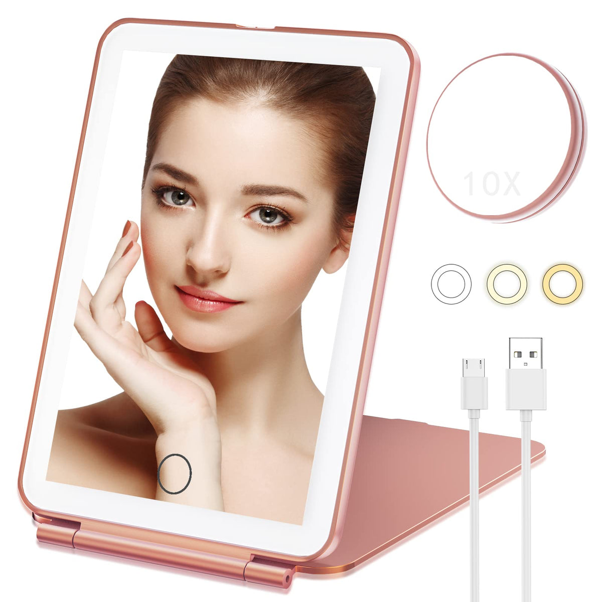 Mecion 10X Magnifying Makeup Mirror With 80 Led Lights, Rose Gold, Portable & Compact