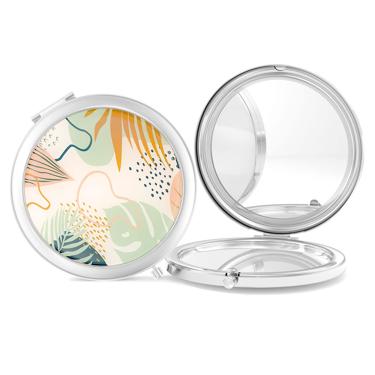 Nipichsha Compact Mirror - 2-Sided 2X/1X Magnification, Portable Silver Makeup Mirror, Boho Leaves