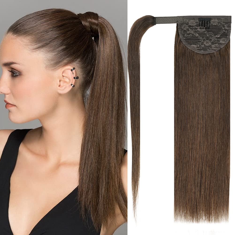 FAAAL 16&quot; Chocolate Brown Human Hair Ponytail Extensions - 75g Remy Clip In Hairpiece