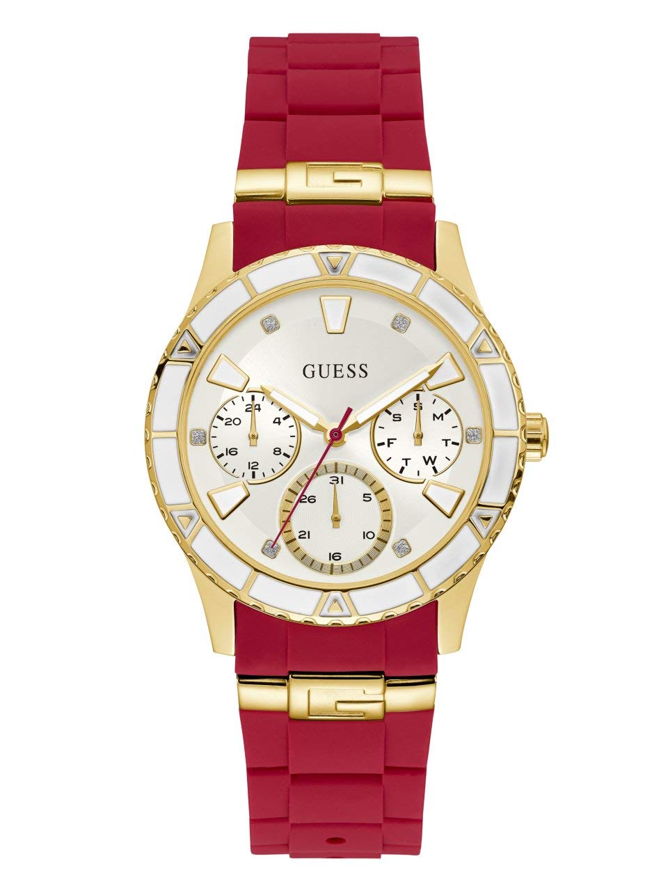 Guess Gold-Tone Red Silicone Watch With Day, Date, 24-Hour Military Time, Model U1157L2