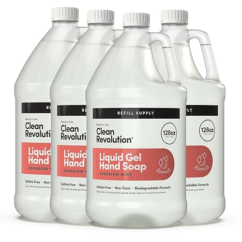 Clean Revolution Liquid Gel Hand Soap, Geranium Mint, 128 Fl Oz, Quick Lather, 4 Pack