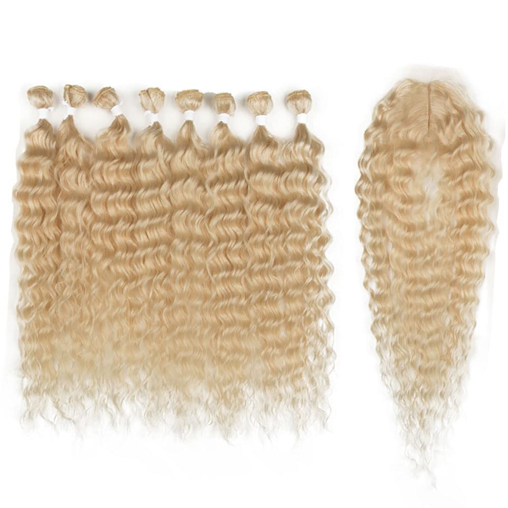 Début 20 Inch Water Wave 8 Bundles Synthetic Hair Weave With Closure - Gradient Blonde