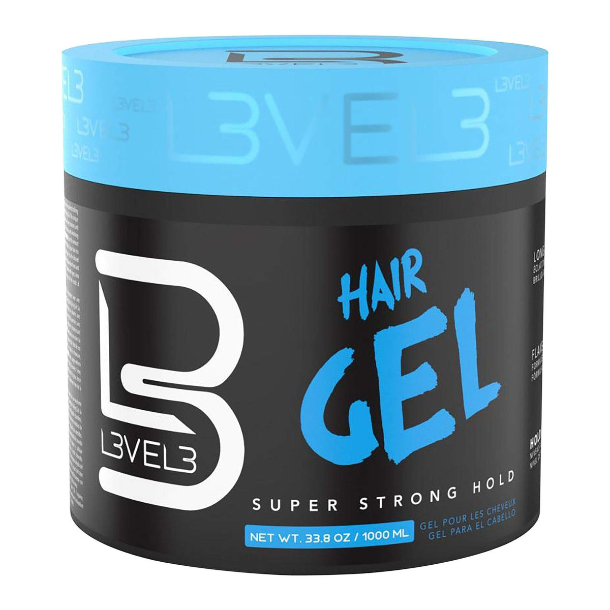 L3 Super Strong Hold Hair Gel - Flake Free, Long Lasting Shine, Clear, 33.8 Fl Oz