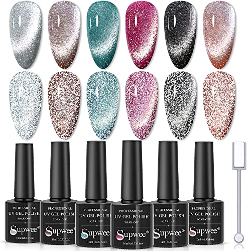 Supwee Reflective Glitter Cat Eye Gel Nail Polish Set, 1.98 Fl Oz, Uv Soak Off Varnish