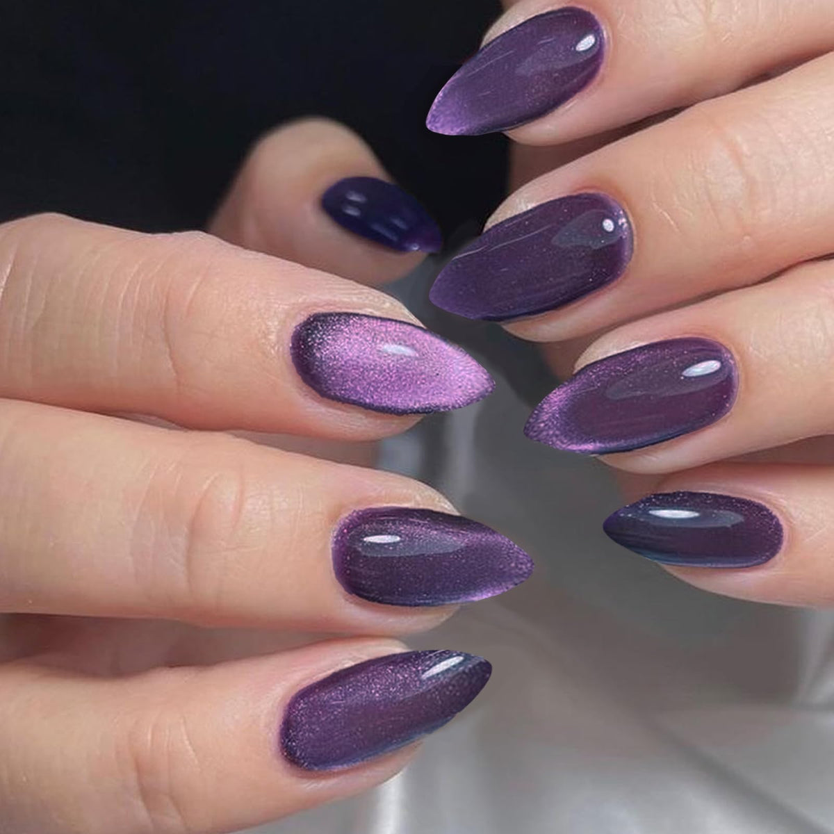 Glamermaid Dark Purple Magnet Cat Eyes Press On Nails, Short Almond, Ombre Glitter Kit