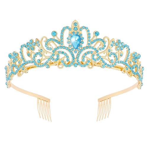 Didder Gold & Blue Rhinestone Tiara Crown for Women & Girls - Birthday, Halloween, Wedding