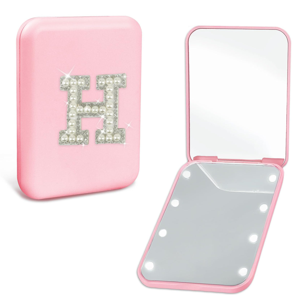 Aganmi Led Travel Compact Mirror, Personalized Pink Makeup Mirror With Lights, 1X/2X Magnification