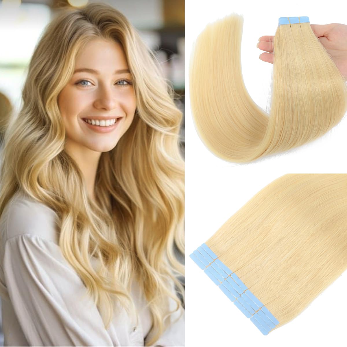 Loumte 22&quot; Tape In Hair Extensions - 100% Remy Human Hair, Seamless, #613 Bleach Blonde,