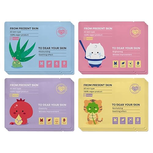 Present Skin Vegan Sheet Mask Pack Of 12 - Korean Moisturizing & Anti-Aging Facial Masks