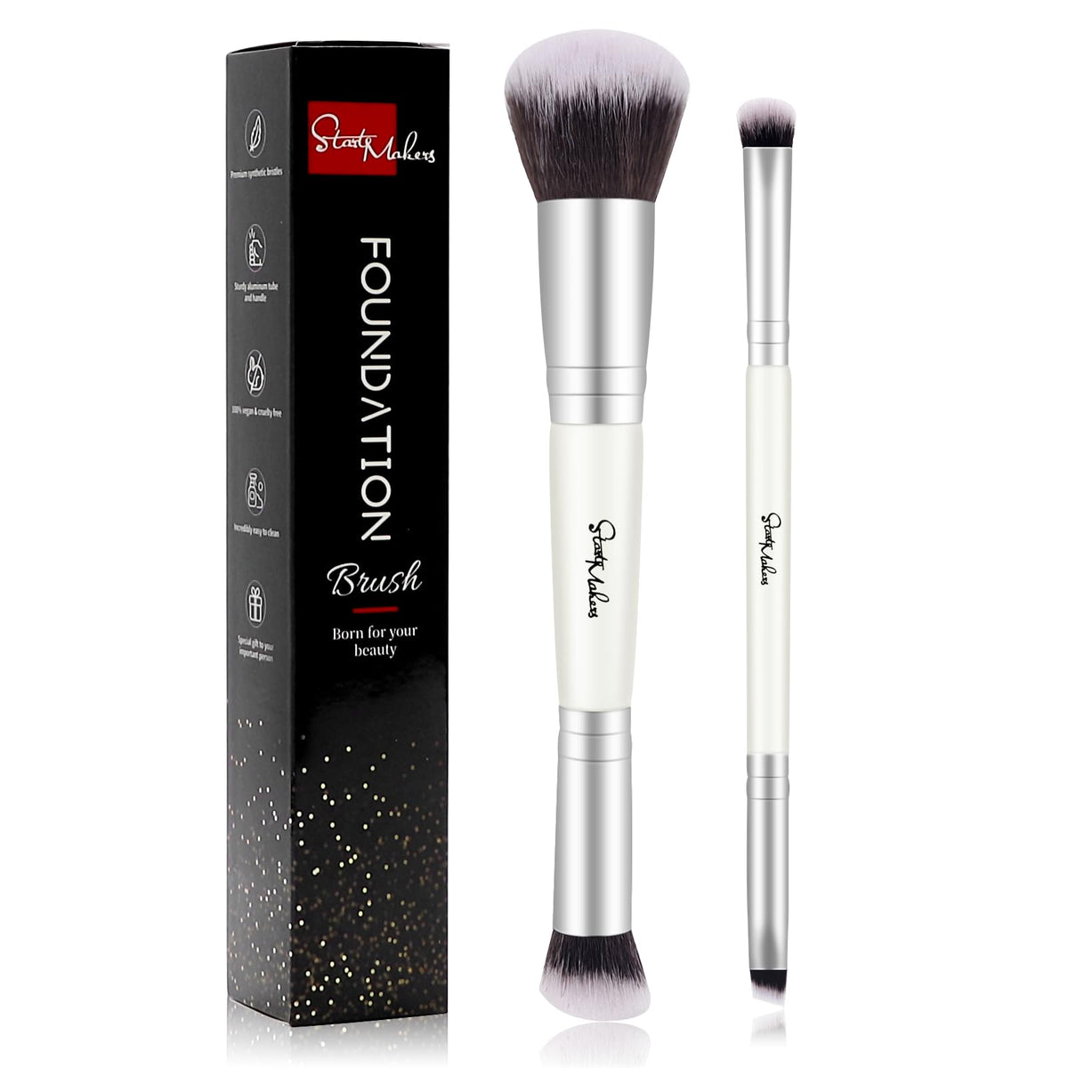 Start Makers 2-In-1 Makeup Brushes Set - Dual-Ended Foundation & Concealer Brush, White