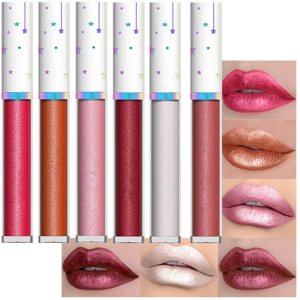 Evpct 6Pcs Metallic Shimmer Lip Gloss Set - Long Lasting Waterproof Liquid Lipstick For Women