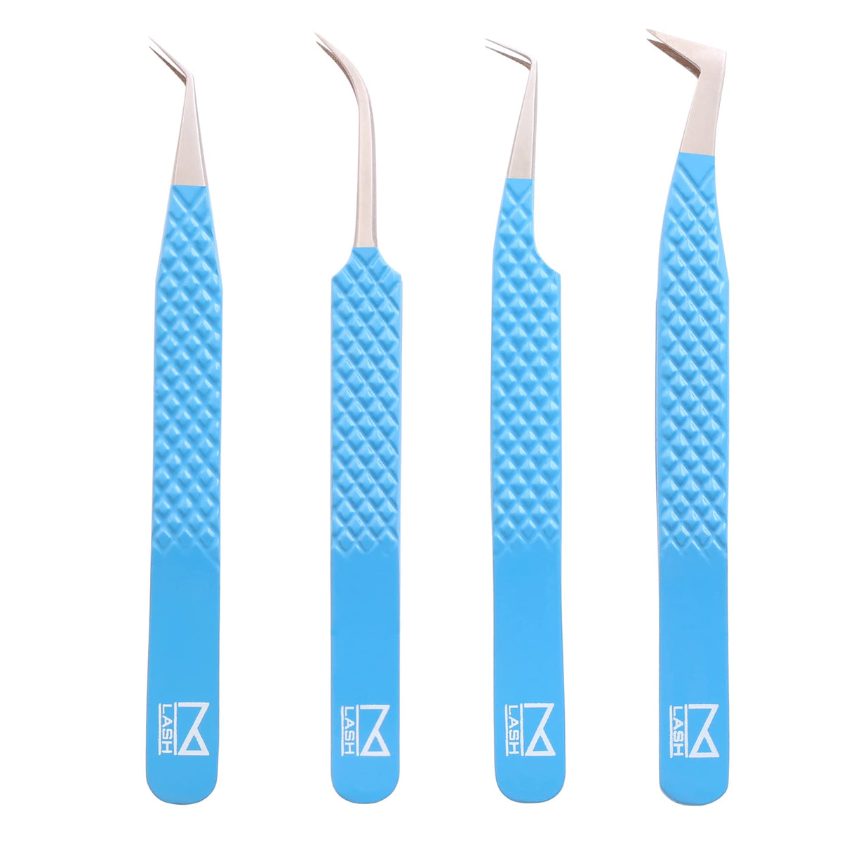 M LASH Eyelash Extension Tweezers Set of 4 - Precision Japanese Steel, Diamond Grip, Tranquil Blue