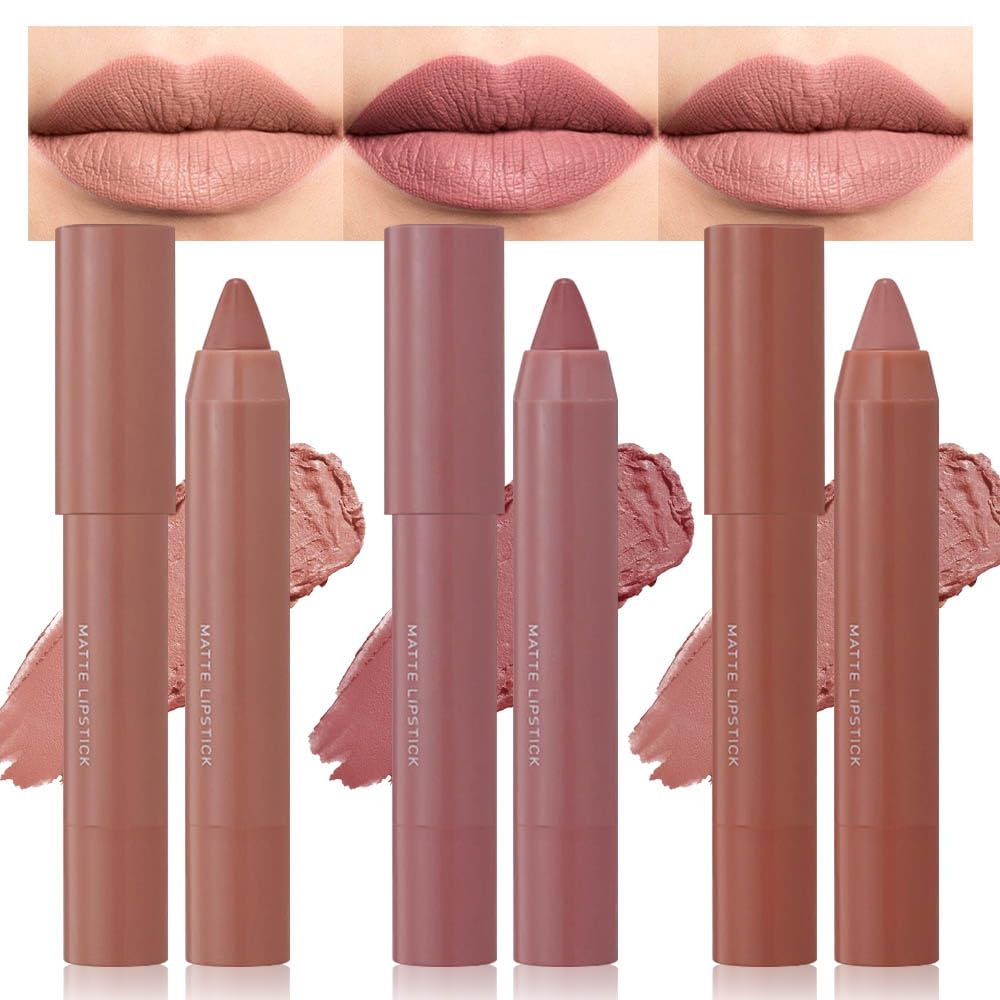 Suake 3 Colors Matt Nude Lipstick & Lipliner Crayons Set - Waterproof, Smooth Matte Pencils