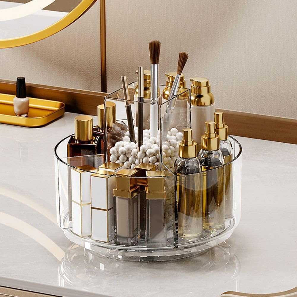 Linfidite 360 Rotating Makeup Organizer - Clear Acrylic Storage Holder With 6 Compartments