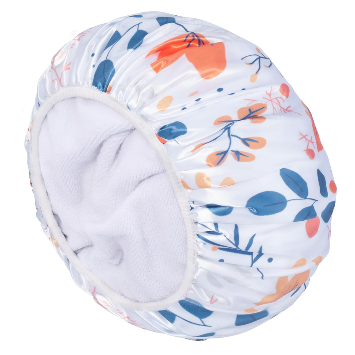 Gootty Large Terry Lined Waterproof Shower Cap For Women - Triple Layer Satin Hair Cap, Orange Flower