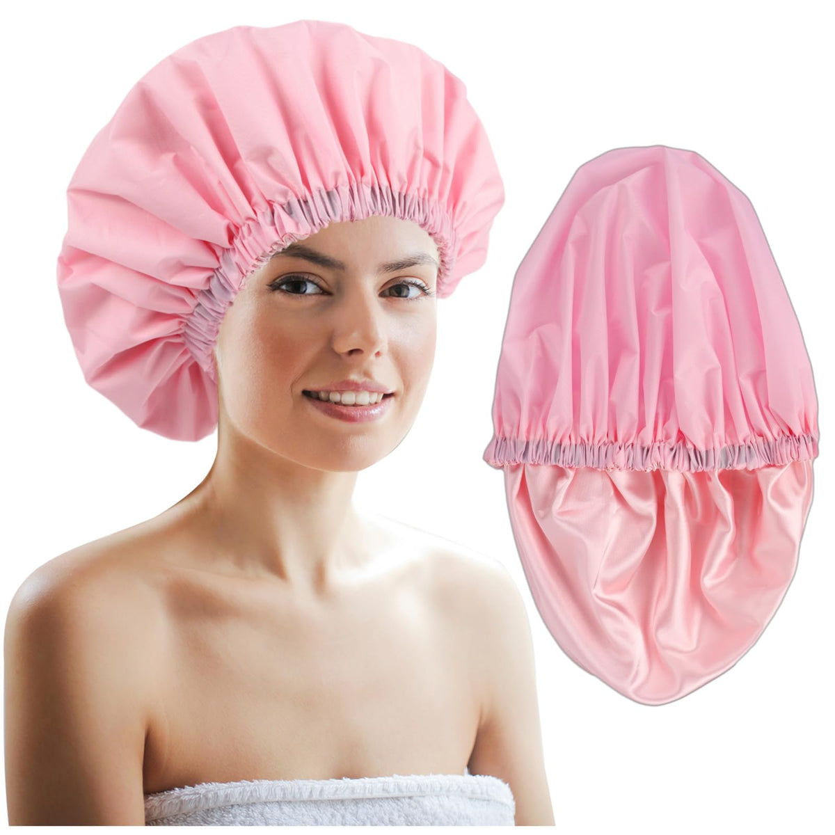 Himoswis Pink Satin Shower Cap For Women, Large Waterproof Hair Cap For Long Hair & Braids