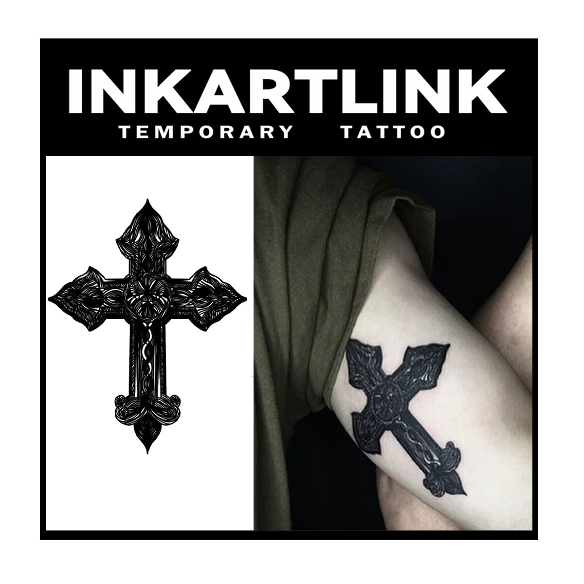 Inkartlink Large Semi Permanent Tattoo - Black Cross Design, Waterproof Adult Art, Lasts 1-2 Weeks