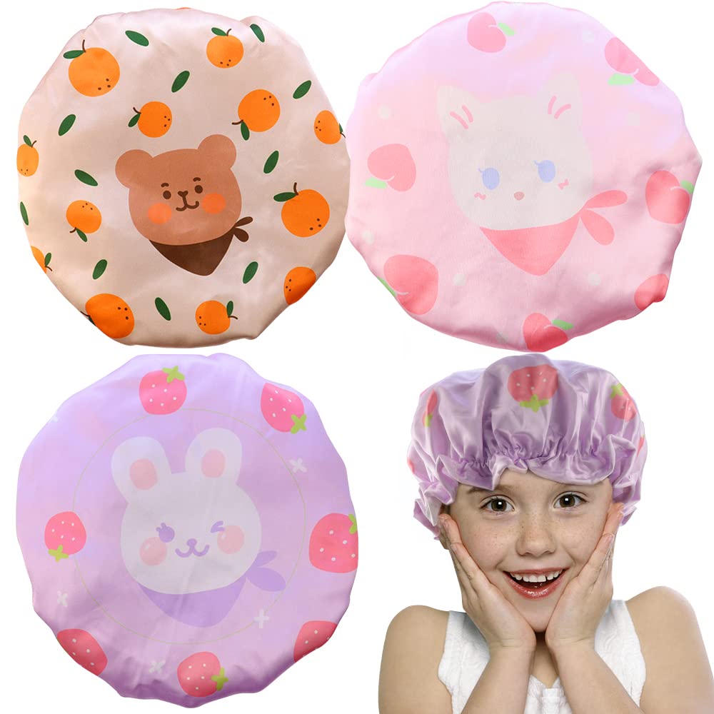 Tcotbe Kids Shower Caps - 3 Pcs Cartoon Animal Bonnets, Reusable Peva Bath Hats For Boys & Girls