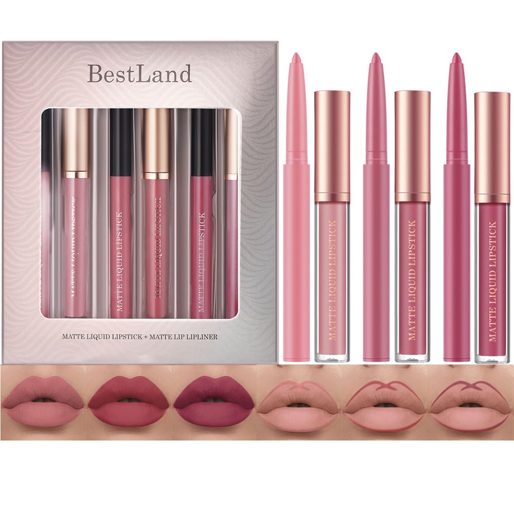 Bestland 6Pcs Matte Liquid Lipstick & Lip Liner Set - Waterproof Velvety Nude Lip Stain