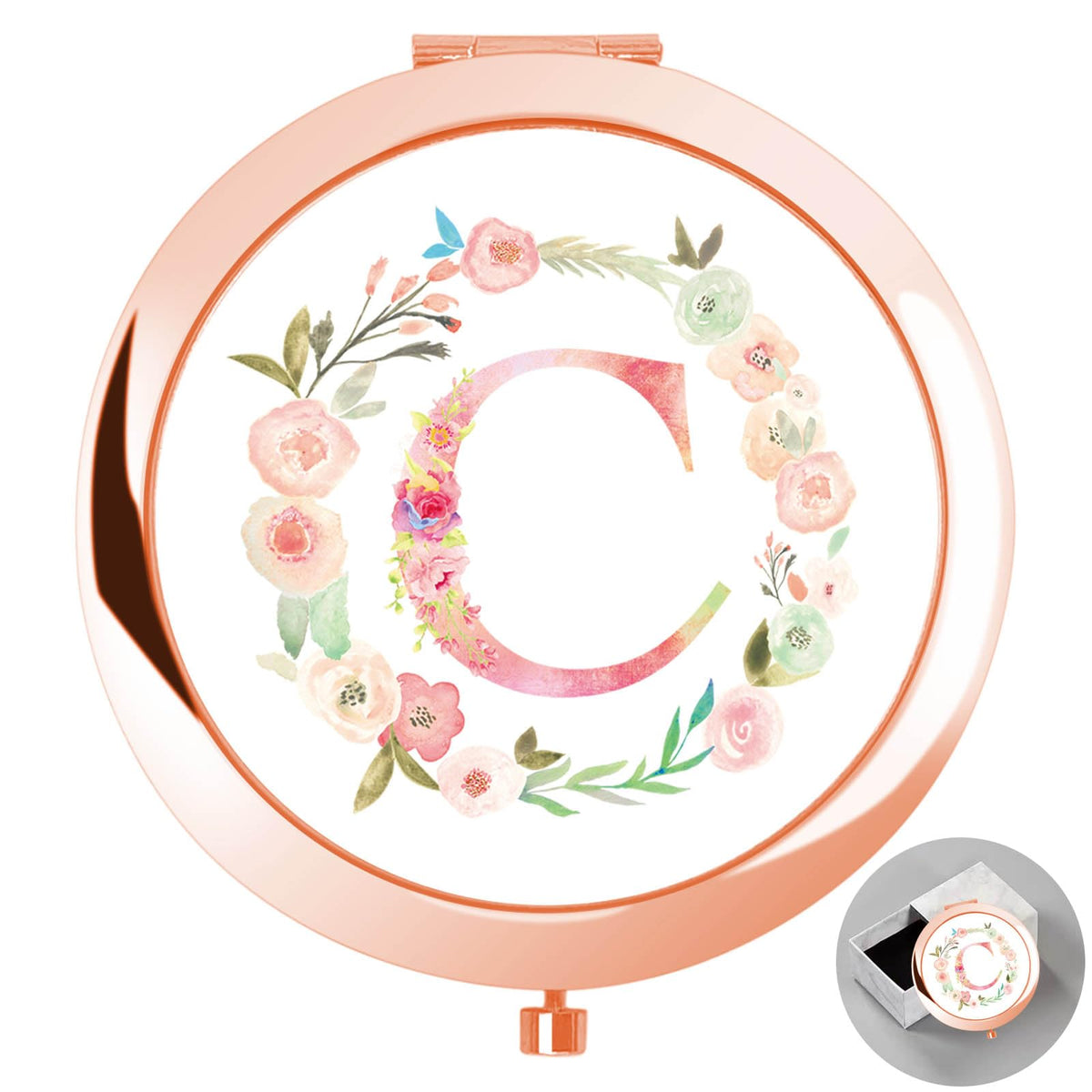 Boutikpro Personalized Compact Mirror With Box, Floral Monogram, Rose Gold, Ideal Gift For Women