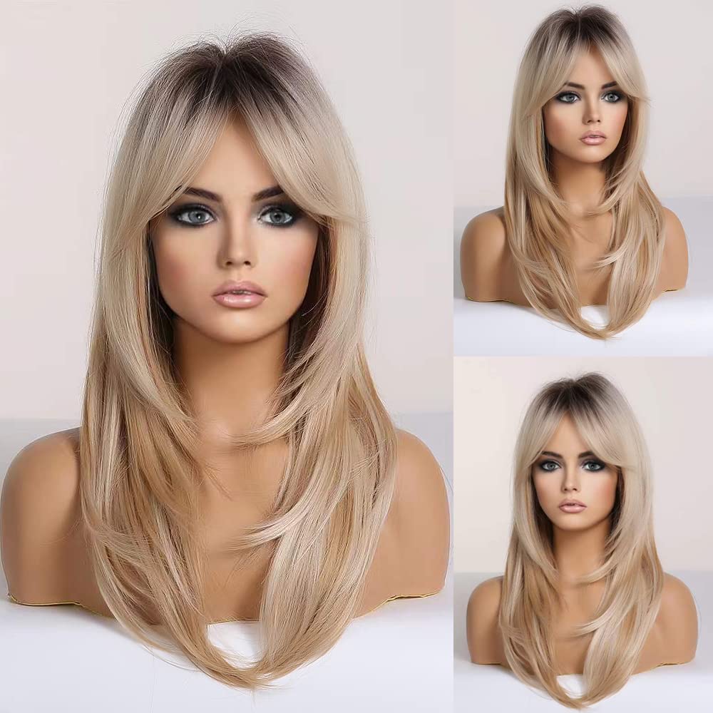 Alanhair Long Ombre Blonde Wig For Women, Heat Resistant 24 Inch Layered Synthetic With Bangs