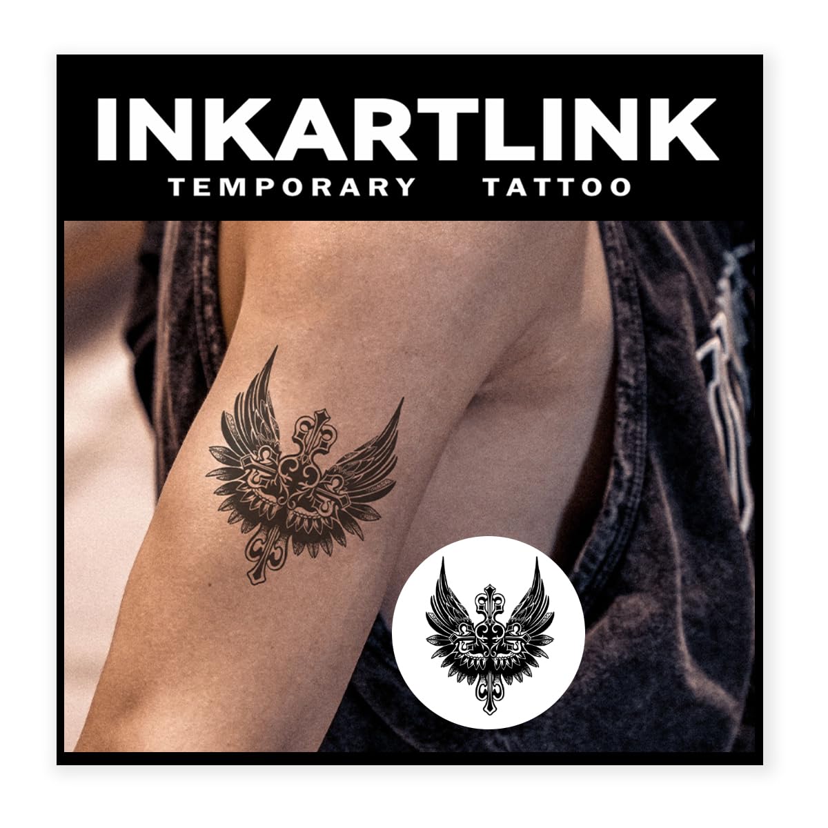 Inkartlink Semi Permanent Tattoo, Winged Cross Design, Waterproof, Lasts 1-2 Weeks, Adult Art