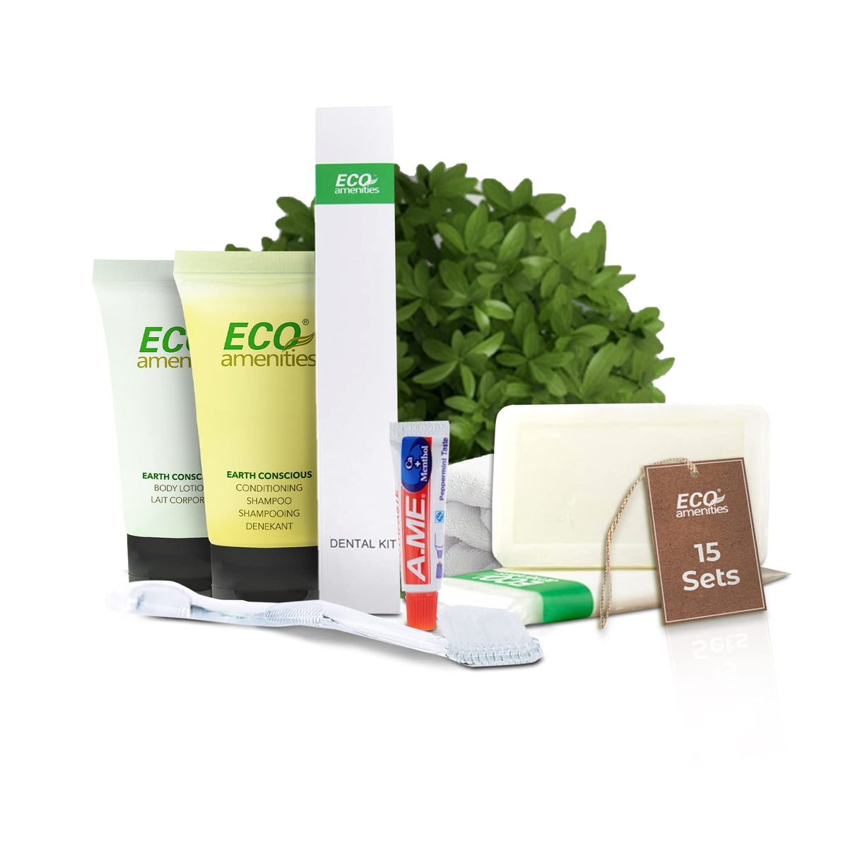 Eco Amenities 60-Piece Travel Toiletries Kit - 15 Mini Soap, Lotion, Shampoo & Toothbrush Sets