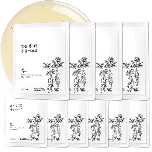 Varuza Radiance Ginseng Sheet Mask - Hydrating Vegan Face Masks For Healthy Skin, 10 Count