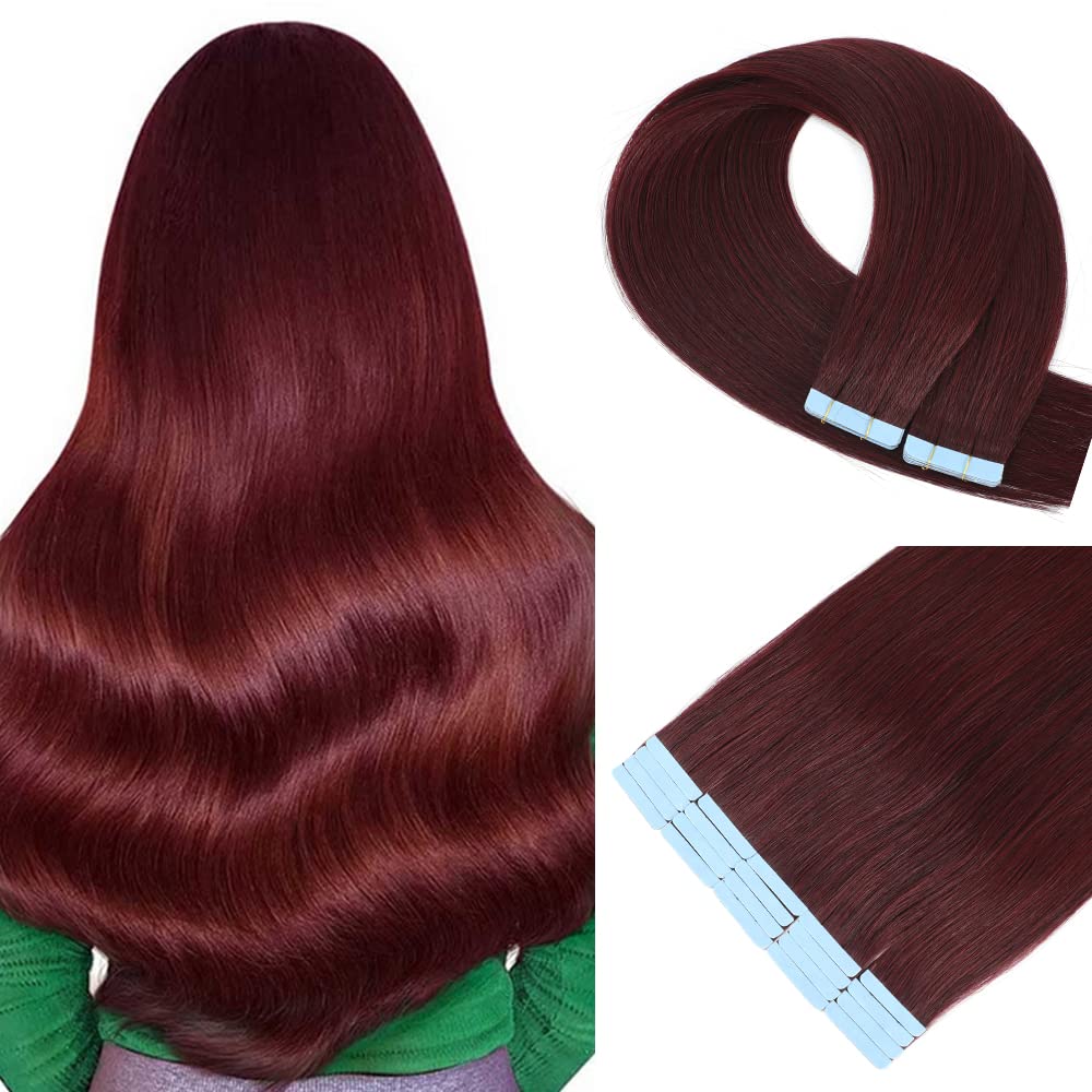 Bqhriym Tape In Hair Extensions 12&quot; Burgundy Real Human Hair Double Weft Seamless Straight