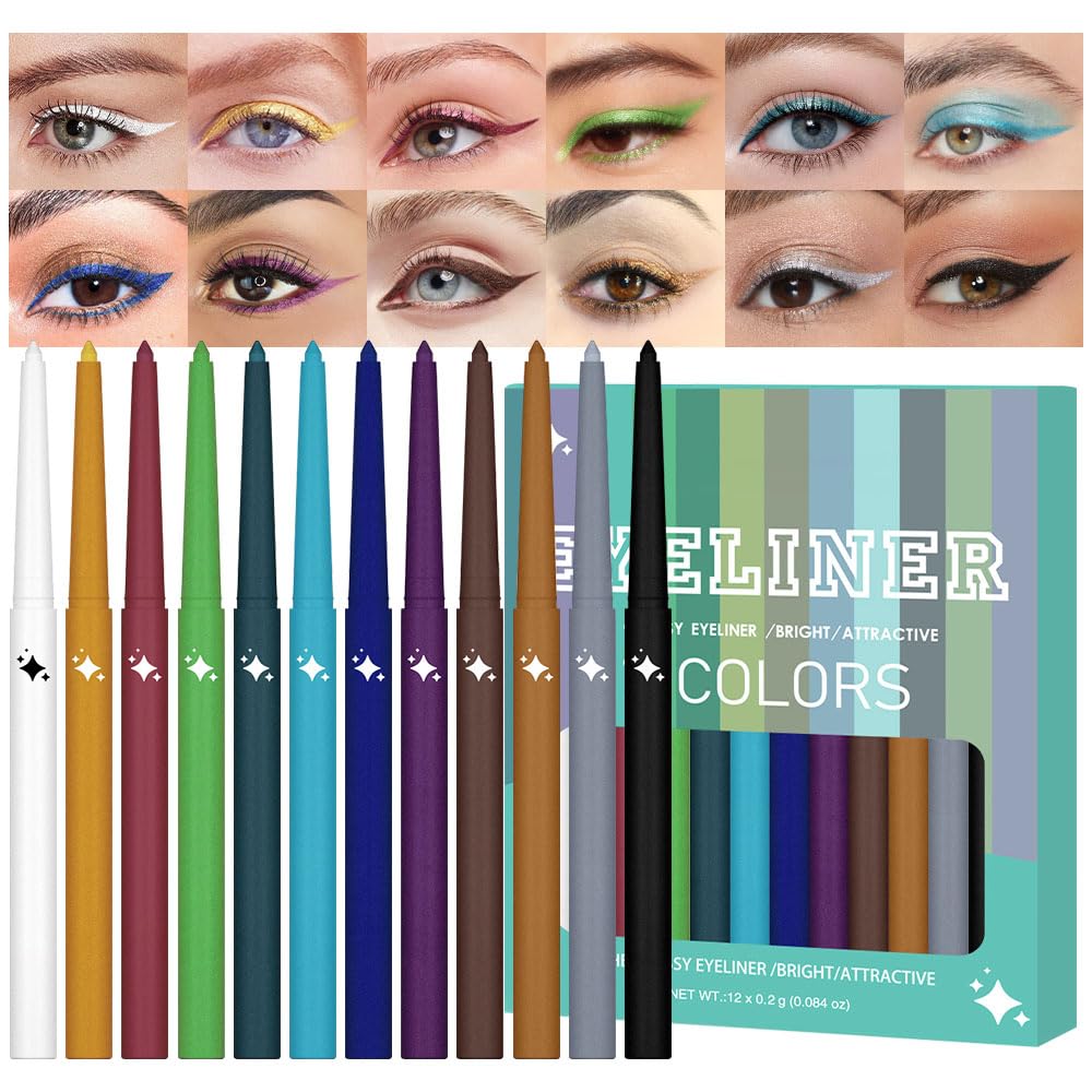 Evpct 12Pcs Shimmer Gel Eyeliner Pencils Set - Waterproof Colorful Eye Makeup For Women