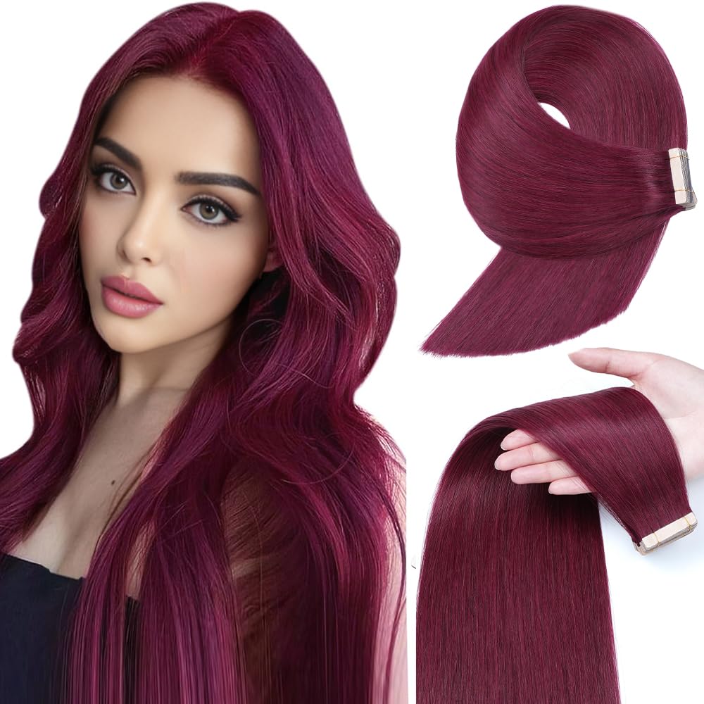 Yddm Tape In Hair Extensions 16 Inch Burgundy 20Pcs Remy Human Hair Seamless Straight