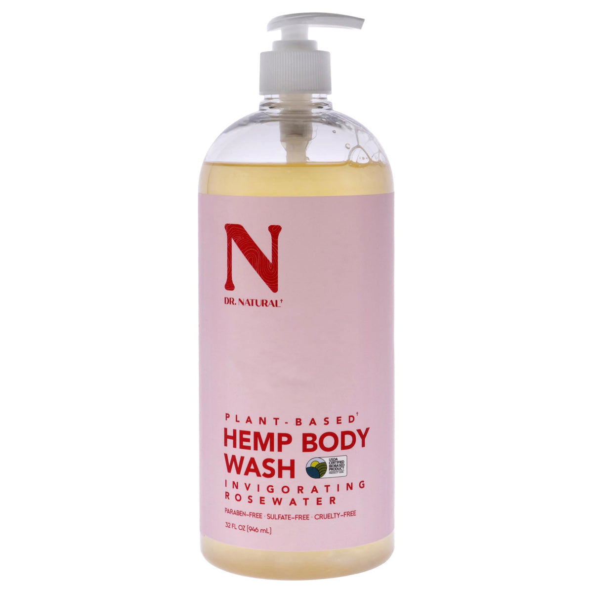 Dr. Natural Hemp Body Wash, Rose - 32 Oz, Plant-Based, Deep Cleansing, Moisturizing, Sensitive Skin