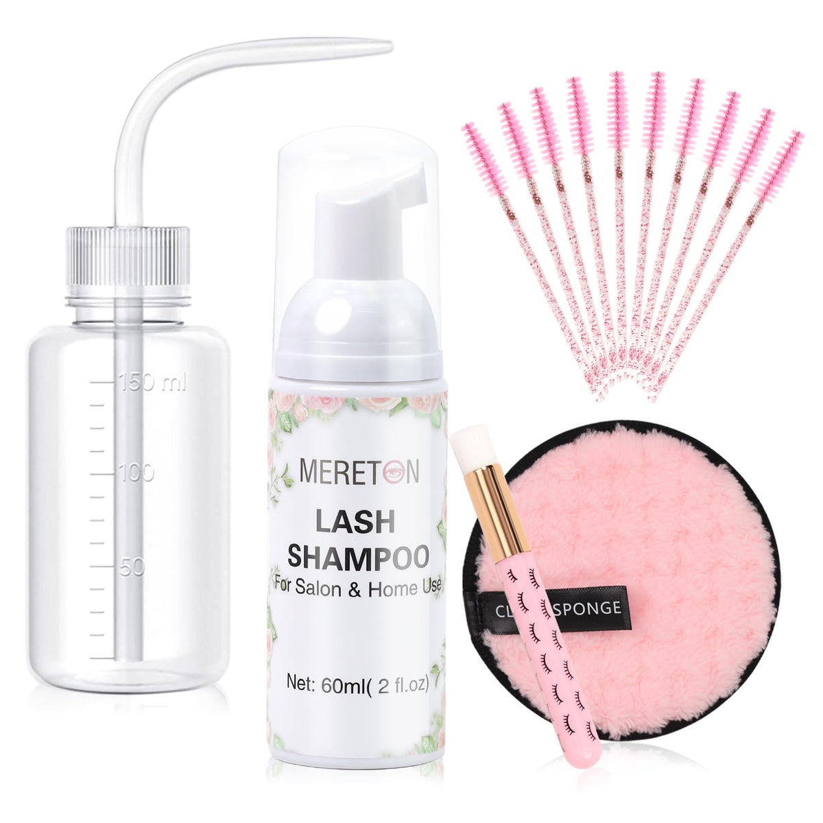 Mereton Lash Shampoo Kit For Eyelash Extensions, Oil-Free Foam Cleaner With Brush & Rinse Bottle