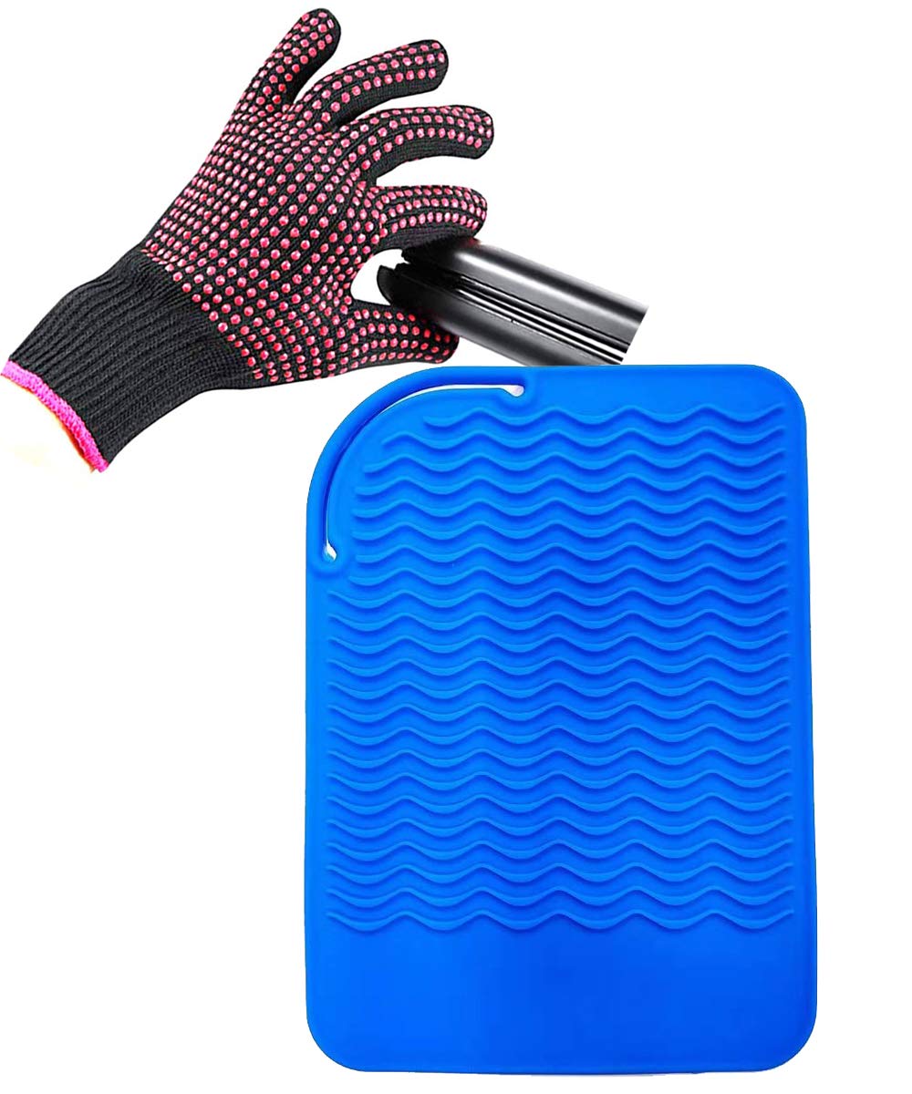 AFT90 Heat Resistant Glove & Mat Set - Silicone Bump Glove & Food Grade Silicone Mat, Blue