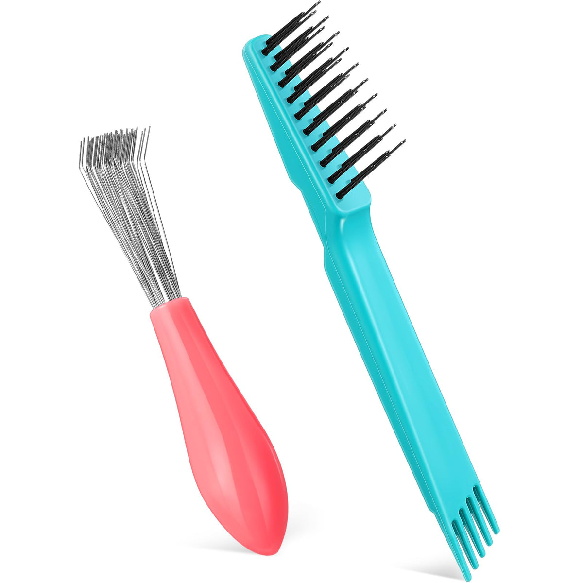 Boao Hair Brush Cleaning Tool Set - 2 Mini Combs with Metal Rake for Home & Salon Use, Pink & Green