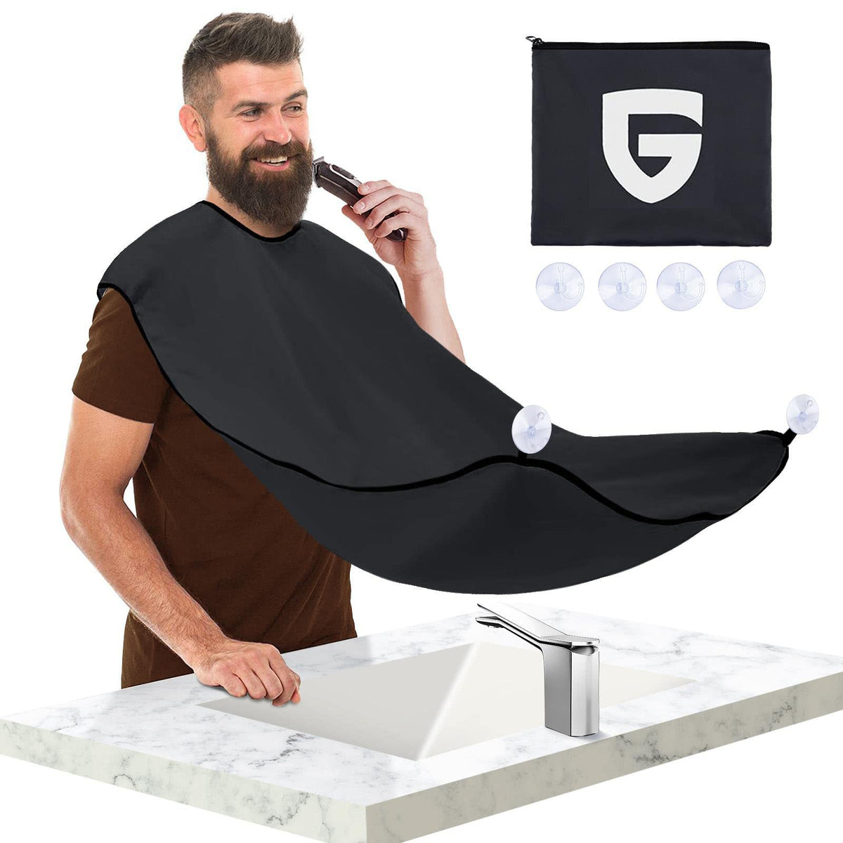 Gooton Beard Bib Trimmer Catcher - Waterproof Non-Stick Cape With Suction Cups, Black